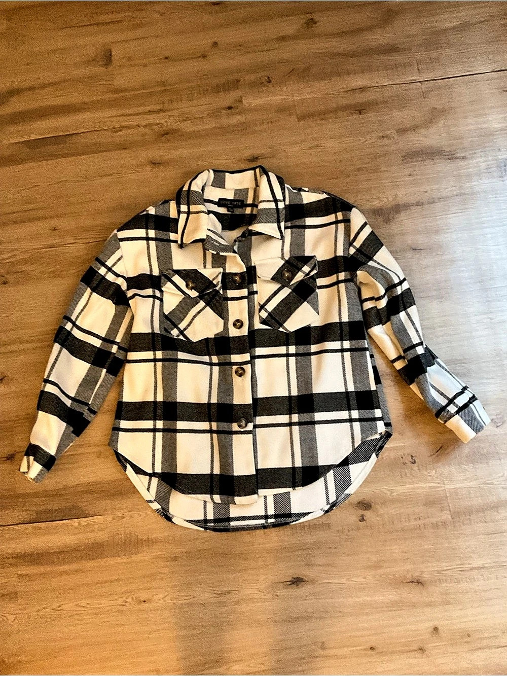 Love Tree Plaid Button Up Shacket Women's Plaid Button Down Shirt in Black &